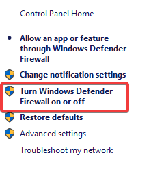 turn windows defender firewall on or off Brother Printer Driver Installation Problem 